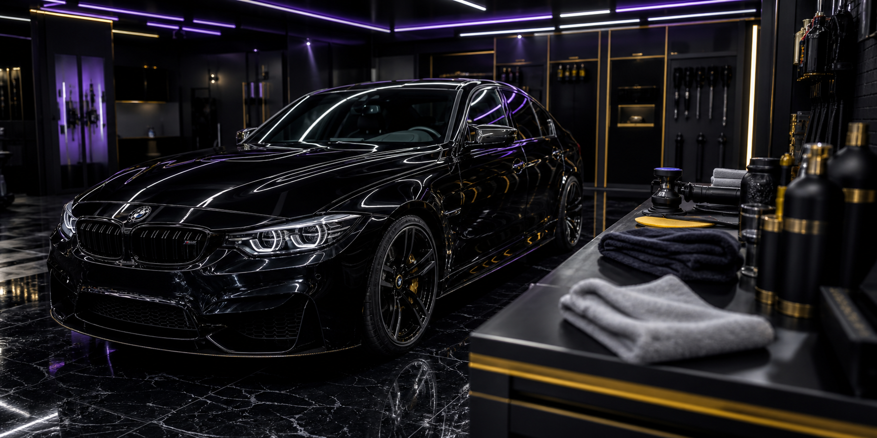 BMW noire en garage detailing